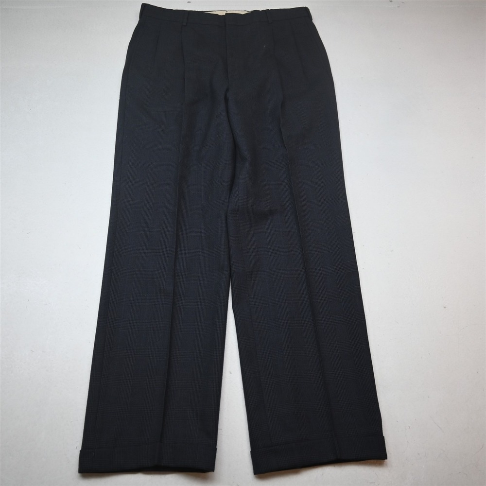 Bespoke 34x32 Blue Glenn Check Flannel Wool Pleated Cuffed Baggy Dress Pants